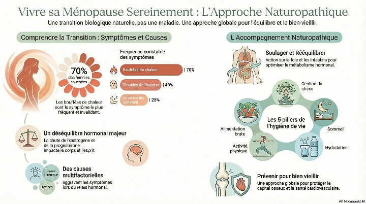 Infographie expliquant les symptomes de la ménopause et la prise en charge en naturopathie